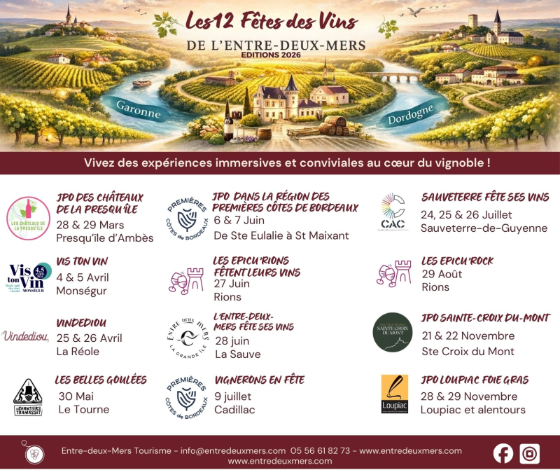 Location de gîtes à l'occasion des 12 Fêtes des Vins de l'Entre-Deux-Mers proche de Bordeaux